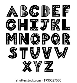 The Scandinavian black and white alphabet. The font is in the Scandinavian style. Simple vector alphabet for postcards, posters, banners, prints, T-shirts. Alphabet for kids.