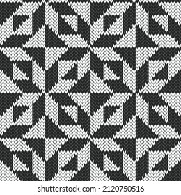 Scandinavian black and white knitted seamless pattern. Monochrome geometrical vector illustration.