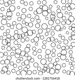 Scandinavian black and white pattern with dot circles and rings. Simply flowers or fireworks hand drawn imitation