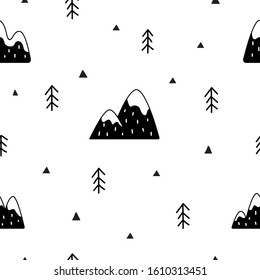 Scandinavian black and white seamless pattern. Vector mountains illustration isolated on white background. Pattern for gift wrappers, textile, wallpars, etc.