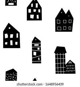 Skandinavisches Schwarz-Weiß-Muster mit Häusern. Hintergrund für Kinderdesign. Cute Vektorillustration Illustration für Baby