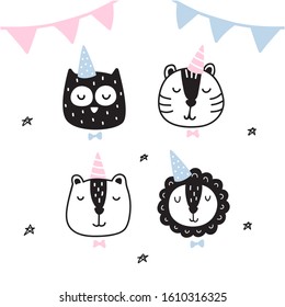 Scandinavian black and white vector set of animals isolated on white background. Birthday postcard for the kids. Cute animals with birthday elements for postcard.