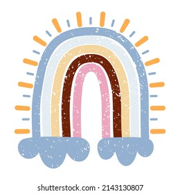 Scandinavian bohemian rainbow isolated on white background. Hand drawn clipart boho, kids decoration with cute rainbow. Grunge style. Vector illustration