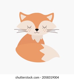 Scandinavian boho cute sleeping little fox, fox cub. Hand drawn vector element for nursery decoration, baby shower, birthday, children's party, poster, invitation, postcard, kids clothes