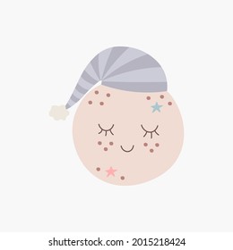Scandinavian boho cute sleeping  moon in pastel colors. Hand drawn vector element for nursery decoration, baby shower, birthday, children's party, poster, invitation, postcard, kids clothes