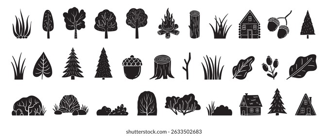 Scandinavian boho forest silhouette isolated elements. mystical and elegant collection various plants forest. Trees, bush, grass, logs, leaves. Vector illustration