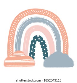 Scandinavian Boho Nursery Rainbow Print with Clouds For Playroom With Neutral Gender Colors. Vector Illustration. Faboluos Object Isolated on White.