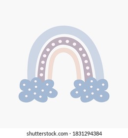 Scandinavian boho rainbow with clouds in pastel colors. Hand drawn vector element for nursery decoration, baby shower, birthday, children's party, poster, invitation, postcard, kids clothes