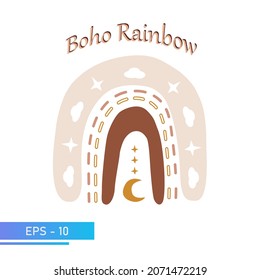 Scandinavian boho rainbow with clouds in simple soft colors for nursery room decor. Isolated on a white background. Vector illustration.