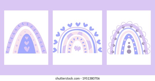 Scandinavian boho rainbow. Cute vector pastel rainbow set with drops and heart isolated on white background printable poster for kids