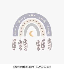 Scandinavian boho rainbow with feathers, crescent. Hand drawn vector element for nursery decoration, baby shower, birthday, children's party, poster, invitation, postcard, kids clothes
