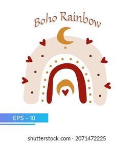 Scandinavian boho rainbow with gold demilune and heart in simple soft colors for nursery room decor. Isolated on a white background. Vector illustration.