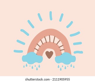 El arcoiris boho escandinavo con corazones y nubes en colores pastel. Ilustración del material vector dibujado a mano. Sencillo símbolo de lluvia para la decoración del vivero, cartel de bebé, invitación, postal para niños