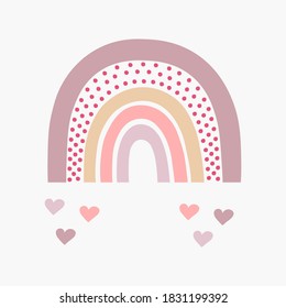 Scandinavian Boho Rainbow With Hearts In Pastel Colors. Hand Drawn Vector Element For Nursery Decoration, Baby Shower, Birthday, Children's Party, Poster, Invitation, Postcard, Kids Clothes