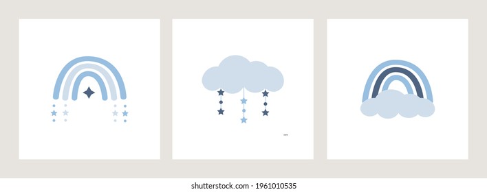 Scandinavian boho rainbows and clouds set of cards in pastel blue colors. Celestial clip art decoration for baby boy nursery. Hand drawn vector element for baby shower. Vector flat illustration.