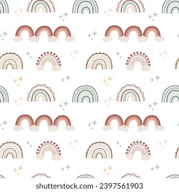 Scandinavian boho rainbows seamless pattern clouds, stars, drops, crescent pastel boho colors. Hand drawn vector isolated element for nursery decoration, party, poster, invitation, postcard, clothes