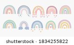 Scandinavian boho rainbows set with clouds, stars, drops, crescent in pastel colors. Hand drawn vector element for nursery decoration, baby shower, party, poster, invitation, postcard, clothes