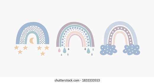 Los arcos boscosos escandinavos están decorados con nubes, estrellas, gotas, media luna en colores pastel. Elemento vector dibujado a mano para decoración de vivero, ducha de bebé, fiesta, afiche, invitación, postal, ropa