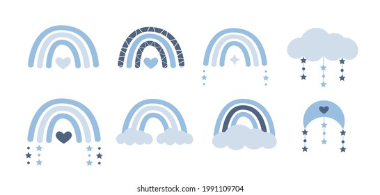 Scandinavian boho rainbows set with clouds, stars, drops, crescent in pastel blue colors. Celestial clip art. Hand drawn vector element for nursery decoration, baby shower. Vector flat illustration.