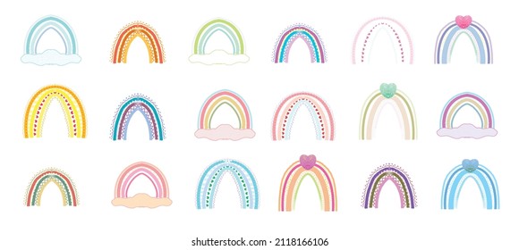 Scandinavian boho rainbows set with clouds and hearts isolated on white background