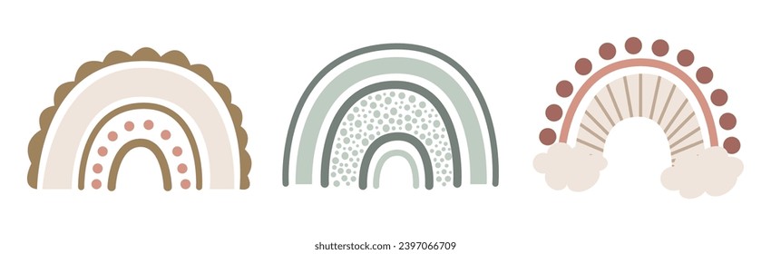 Los arcos boho escandinavos están decorados con nubes, estrellas, gotas, media luna en tonos pastel. Elemento aislado vector dibujado a mano para decoración de vivero, fiesta, afiche, invitación, postal, ropa