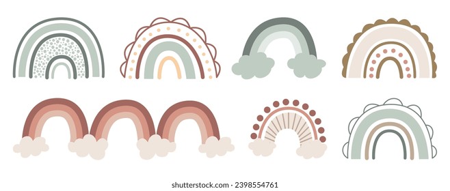 Scandinavian boho rainbows set with clouds, stars, drops, crescent in pastel boho colors. Hand drawn vector isolated element for nursery decoration, party, poster, invitation, postcard, clothes