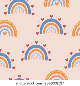 Scandinavian boho seamless pattern with cartoon rainbows. Bohemian retro illustration for textile, fabric, print design, wallpaper, gift paper. Vector