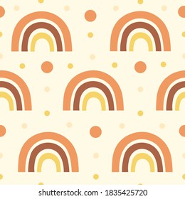 Scandinavian boho seamless pattern with rainbows. Hand drawn vector elements for nursery decoration, baby shower, birthday, party, poster, invitation, postcard, kids clothes