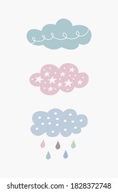 Boho escandinavo conjunto de nubes con estrellas, gotas de lluvia en colores pastel. Elementos vectores dibujados a mano para decoración de vivero, ducha de bebé, cumpleaños, fiesta infantil, afiche, invitación, tarjeta, ropa