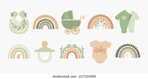 Scandinavian boho set with rainbows, bib, carriage, pacifier, clothes in pastel colors. Hand drawn vector elements for nursery decoration, baby shower, party, poster, invitation, postcard svg