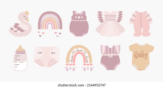 Scandinavian boho set with rainbows, swan, bottle, diaper, clothes in pastel colors. Hand drawn vector elements for nursery decoration, baby shower, party, poster, invitation, postcard