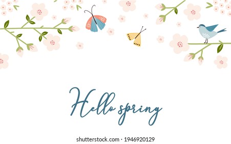Scandinavian boho spring bunner with spring flowers, flowering branches, birds and butterflies. Good for poster, card, invitation, flyer, banner, placard, brochure. Vector illustration.