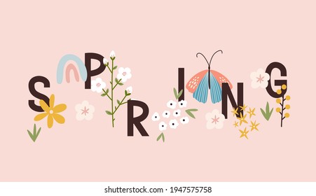 Scandinavian boho spring bunner with spring flowers, flowering branches, birds and butterflies. Good for poster, card, invitation, flyer, banner, placard, brochure. Vector illustration.