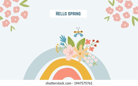 Scandinavian boho spring bunner with spring flowers, flowering branches, birds and butterflies. Good for poster, card, invitation, flyer, banner, placard, brochure. Vector illustration.