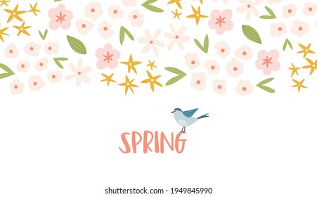 Scandinavian boho spring bunner with spring flowers, flowering branches, birds and butterflies. Good for poster, card, invitation, flyer, banner, placard, brochure. Vector illustration.