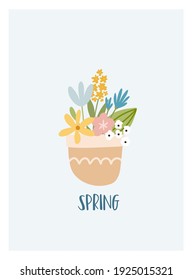 Scandinavian boho spring card with spring flowers, flowering branches, birds and butterflies. Good for poster, card, invitation, flyer, banner, placard, brochure. Vector illustration.