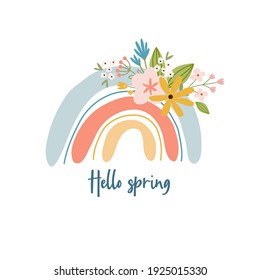 Scandinavian boho spring card with spring flowers, flowering branches, birds and butterflies. Good for poster, card, invitation, flyer, banner, placard, brochure. Vector illustration.