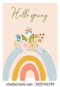 Scandinavian boho spring card with spring flowers, flowering branches, birds and butterflies. Good for poster, card, invitation, flyer, banner, placard, brochure. Vector illustration.