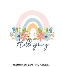 Scandinavian boho spring card with spring flowers, flowering branches, birds and butterflies. Good for poster, card, invitation, flyer, banner, placard, brochure. Vector illustration.