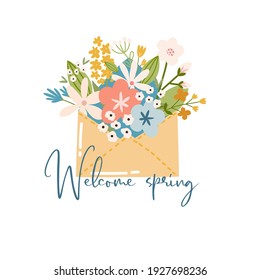 Scandinavian boho spring card with spring flowers, flowering branches, birds and butterflies. Good for poster, card, invitation, flyer, banner, placard, brochure. Vector illustration.