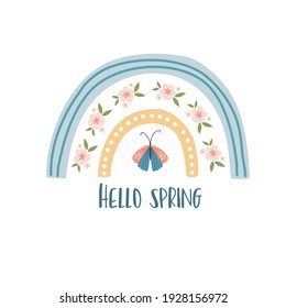 Tarjeta primaveral boho escandinava con flores de primavera, ramas floridas, pájaros y mariposas. Es bueno para carteles, tarjetas, invitaciones, volantes, pancartas, carteles, folletos. Ilustración vectorial.
