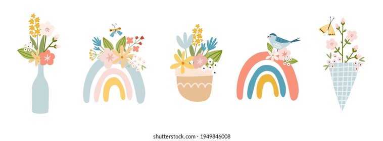 Scandinavian boho spring clip art elements - spring flowers, flowering branches, birds and butterflies. Good for poster, card, invitation, flyer, banner, placard, brochure. Vector illustration.