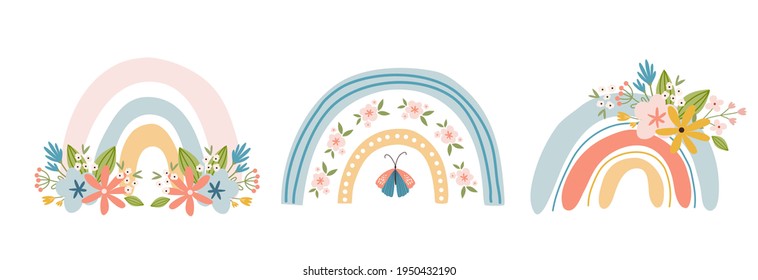 Scandinavian boho spring clip art elements - spring flowers, flowering branches, birds and butterflies. Good for poster, card, invitation, flyer, banner, placard, brochure. Vector illustration.