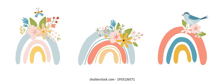 Scandinavian boho spring clip art elements - spring flowers, flowering branches, birds and butterflies. Good for poster, card, invitation, flyer, banner, placard, brochure. Vector illustration.