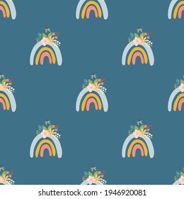 Scandinavian boho spring seamless pattern with spring flowers, flowering branches, birds and butterflies. Good for poster, card, invitation, flyer, banner, placard, brochure. Vector illustration.