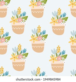 Scandinavian boho spring seamless pattern with spring flowers, flowering branches, birds and butterflies. Good for poster, card, invitation, flyer, banner, placard, brochure. Vector illustration.