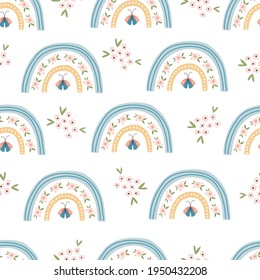 Scandinavian boho spring seamless pattern with spring flowers, flowering branches, birds and butterflies. Good for poster, card, invitation, flyer, banner, placard, brochure. Vector illustration.