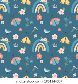 Scandinavian boho spring seamless pattern with spring flowers, flowering branches, birds and butterflies. Good for poster, card, invitation, flyer, banner, placard, brochure. Vector illustration.