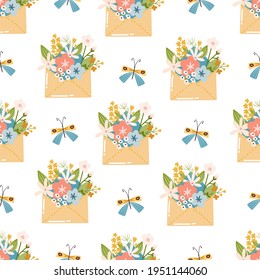 Scandinavian boho spring seamless pattern with spring flowers, flowering branches, birds and butterflies. Good for poster, card, invitation, flyer, banner, placard, brochure. Vector illustration.