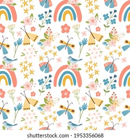 Scandinavian boho spring seamless pattern with spring flowers, flowering branches, birds and butterflies. Good for poster, card, invitation, flyer, banner, placard, brochure. Vector illustration.
